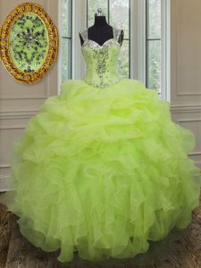 Sweet Straps Floor Length Zipper Quinceanera Gown Yellow Green for Military Ball and Sweet 16 and Quinceanera with Beading and Ruffles