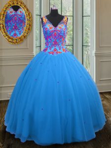 Straps Blue Zipper Quinceanera Gowns Beading and Sequins Sleeveless Floor Length