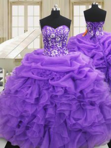 Luxurious Purple Sleeveless Floor Length Embroidery and Ruffles Lace Up Ball Gown Prom Dress
