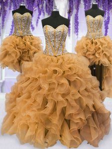 Four Piece Gold Sleeveless Beading and Ruffles Floor Length Quinceanera Gown