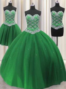 Simple Three Piece Green Lace Up Sweetheart Beading and Sequins Quinceanera Gown Tulle Sleeveless