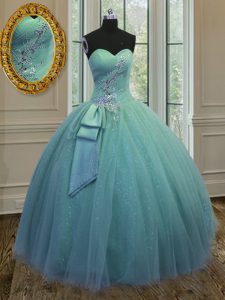 Turquoise Sleeveless Beading and Ruching and Bowknot Floor Length Quinceanera Gown