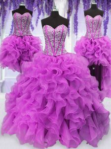 High Quality Four Piece Sweetheart Sleeveless Organza 15th Birthday Dress Ruffles and Sequins Lace Up