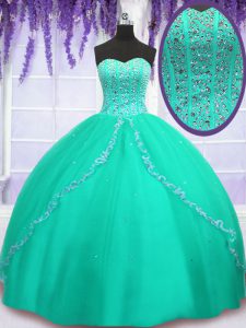 Turquoise Ball Gowns Tulle Sweetheart Sleeveless Beading and Sequins Floor Length Lace Up Quinceanera Gowns