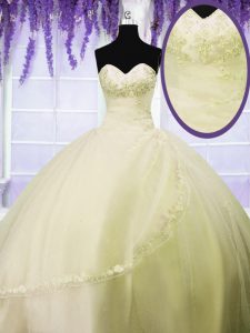 Great Floor Length Ball Gowns Sleeveless Light Yellow Quinceanera Gown Lace Up