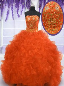 Orange Red Lace Up Quinceanera Dress Beading and Appliques and Ruffles Sleeveless With Brush Train