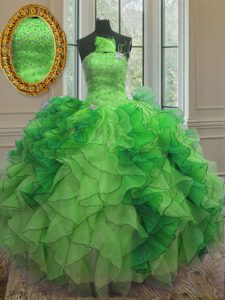 Sexy Floor Length Lace Up Quinceanera Dress Green for Military Ball and Sweet 16 and Quinceanera with Beading and Ruffles