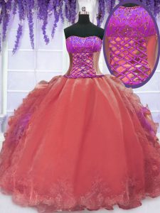 Sophisticated Ball Gowns Quince Ball Gowns Watermelon Red Strapless Organza Sleeveless Floor Length Lace Up