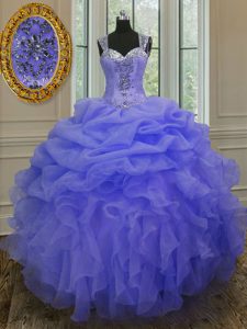 Perfect Straps Blue Sleeveless Floor Length Beading and Ruffles Zipper 15 Quinceanera Dress