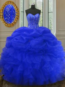 Custom Made Royal Blue Quince Ball Gowns Military Ball and Sweet 16 and Quinceanera with Beading and Ruffles and Pick Ups Sweetheart Sleeveless Lace Up