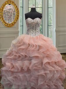 Luxury Beading and Ruffles Sweet 16 Quinceanera Dress Peach Lace Up Sleeveless Floor Length