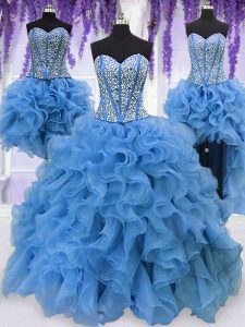 Four Piece Ruffles and Sequins Sweet 16 Dresses Blue Lace Up Sleeveless Floor Length