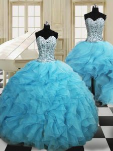 Three Piece Baby Blue Lace Up Ball Gown Prom Dress Beading and Ruffles Sleeveless Floor Length
