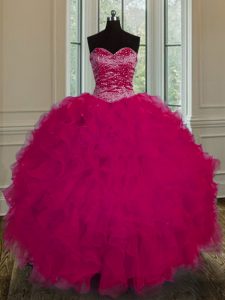 Sweetheart Sleeveless Lace Up Quinceanera Gown Fuchsia Tulle