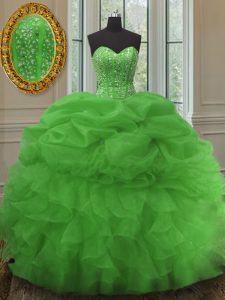 Free and Easy Green Sweetheart Lace Up Beading and Ruffles and Pick Ups Sweet 16 Dress Sleeveless