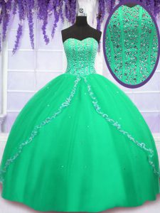 Sophisticated Floor Length Green Quinceanera Dresses Tulle Sleeveless Beading and Sequins