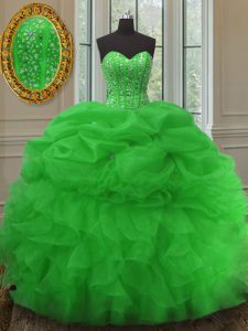 Cute Green Organza Lace Up Vestidos de Quinceanera Sleeveless Floor Length Beading and Ruffles and Pick Ups