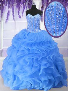Sequins Floor Length Ball Gowns Sleeveless Blue Sweet 16 Dresses Lace Up