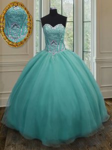 Turquoise Ball Gowns Beading Sweet 16 Dresses Lace Up Organza Sleeveless Floor Length
