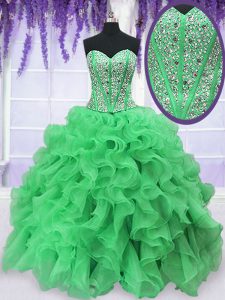 Best Selling Green Sleeveless Beading and Ruffles Floor Length Ball Gown Prom Dress