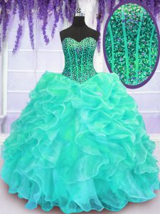 Luxurious Turquoise Quinceanera Gown Military Ball and Sweet 16 and Quinceanera with Beading and Ruffles Sweetheart Sleeveless Lace Up