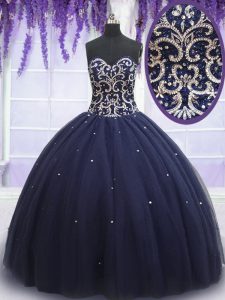Navy Blue Lace Up Quince Ball Gowns Beading Sleeveless Floor Length