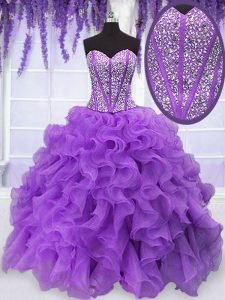 Suitable Purple Ball Gowns Organza Sweetheart Sleeveless Beading and Ruffles Floor Length Lace Up Sweet 16 Dresses
