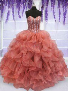 Watermelon Red Ball Gowns Sweetheart Sleeveless Organza Floor Length Lace Up Beading and Ruffles Vestidos de Quinceanera