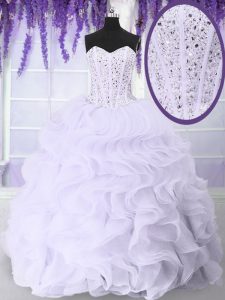 Spectacular Sweetheart Sleeveless Quinceanera Dresses Floor Length Beading and Ruffles White Organza