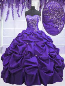 Floor Length Lace Up Vestidos de Quinceanera Purple for Military Ball and Sweet 16 and Quinceanera with Beading and Pick Ups