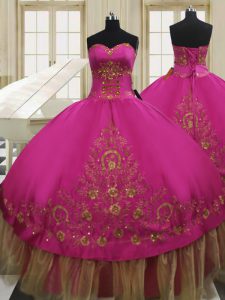 Fuchsia Taffeta Lace Up Quinceanera Dress Sleeveless Floor Length Beading and Embroidery