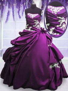 Fabulous Purple Ball Gowns Strapless Sleeveless Taffeta Floor Length Lace Up Appliques and Pick Ups Quinceanera Dress