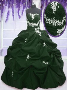 Custom Designed Sleeveless Taffeta Floor Length Lace Up Sweet 16 Dress in Dark Green and Peacock Green with Appliques and Pick Ups