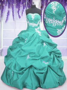 Aqua Blue Quinceanera Gowns Military Ball and Sweet 16 and Quinceanera with Appliques and Ruching and Pick Ups Strapless Sleeveless Lace Up
