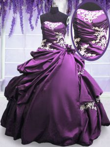 Decent Purple Ball Gowns Taffeta Strapless Sleeveless Appliques and Pick Ups Floor Length Lace Up Quinceanera Dress