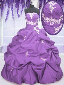 Floor Length Lace Up Quinceanera Dresses Lavender for Military Ball and Sweet 16 and Quinceanera with Appliques and Pick Ups