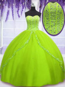 Cheap Yellow Green Ball Gowns Sweetheart Sleeveless Tulle Floor Length Lace Up Beading Quince Ball Gowns