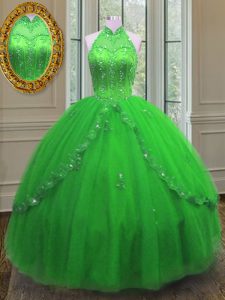 Fitting Floor Length Sweet 16 Quinceanera Dress High-neck Sleeveless Lace Up