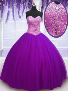 Traditional Eggplant Purple Ball Gowns Sweetheart Sleeveless Tulle Floor Length Lace Up Beading 15 Quinceanera Dress