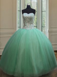 Apple Green Sleeveless Tulle Lace Up Quince Ball Gowns for Military Ball and Sweet 16 and Quinceanera
