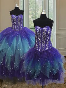 Admirable Three Piece Multi-color Sweetheart Lace Up Beading and Ruffles and Sequins Quinceanera Gowns Sleeveless