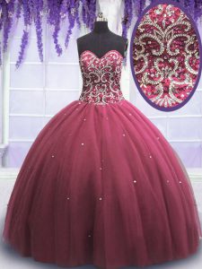 Fitting Sweetheart Sleeveless Quince Ball Gowns Floor Length Beading and Appliques Pink Tulle