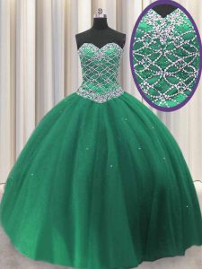 Sexy Dark Green Ball Gowns Beading and Sequins 15 Quinceanera Dress Lace Up Tulle Sleeveless Floor Length