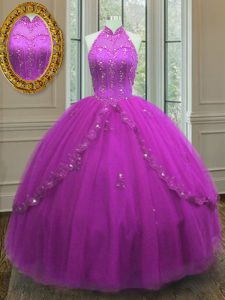 Captivating Ball Gowns 15th Birthday Dress Fuchsia High-neck Tulle Sleeveless Floor Length Lace Up