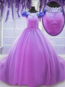Charming Lilac Lace Up Scoop Hand Made Flower Sweet 16 Dress Tulle Short Sleeves