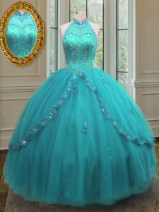 Comfortable Floor Length Ball Gowns Sleeveless Aqua Blue Quinceanera Gowns Lace Up