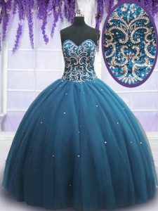 Sophisticated Teal Tulle Lace Up Sweetheart Sleeveless Floor Length Quince Ball Gowns Beading and Appliques