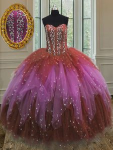 Modest Multi-color Sleeveless Floor Length Beading and Ruffles and Sequins Lace Up Vestidos de Quinceanera