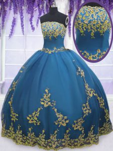 Teal Zipper Strapless Lace and Appliques Quince Ball Gowns Tulle Sleeveless