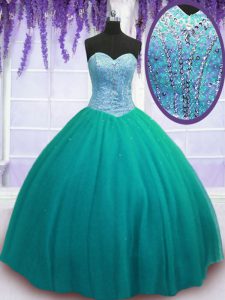 Super Floor Length Turquoise Quinceanera Dress Sweetheart Sleeveless Lace Up
